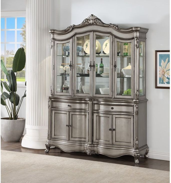 Ariadne Antique Platinum 8 Door Buffet and Hutch with LED
