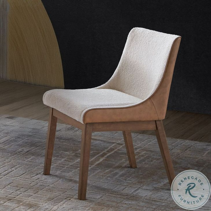 Ginny White Boucle and Brown Velvet Walnut Side Chair Set of 2