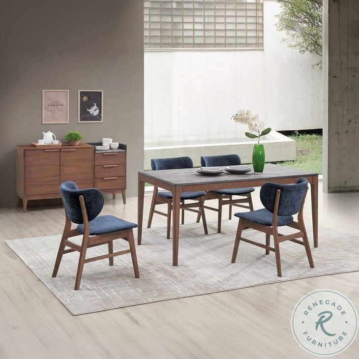 Bevis Blue Fabric and Walnut Side Chair Set of 2