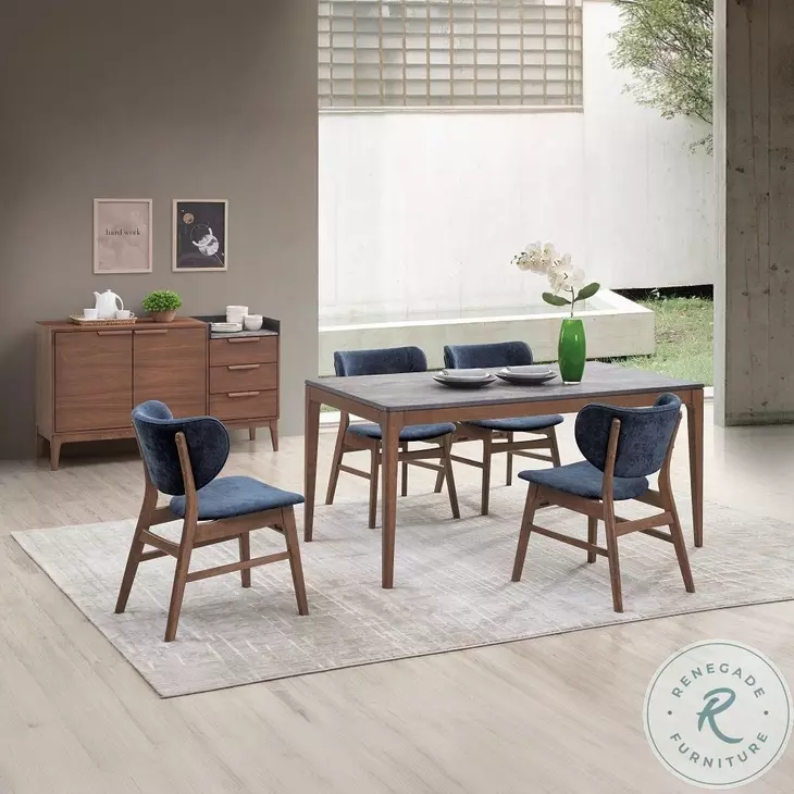 Bevis Blue Fabric and Walnut Side Chair Set of 2