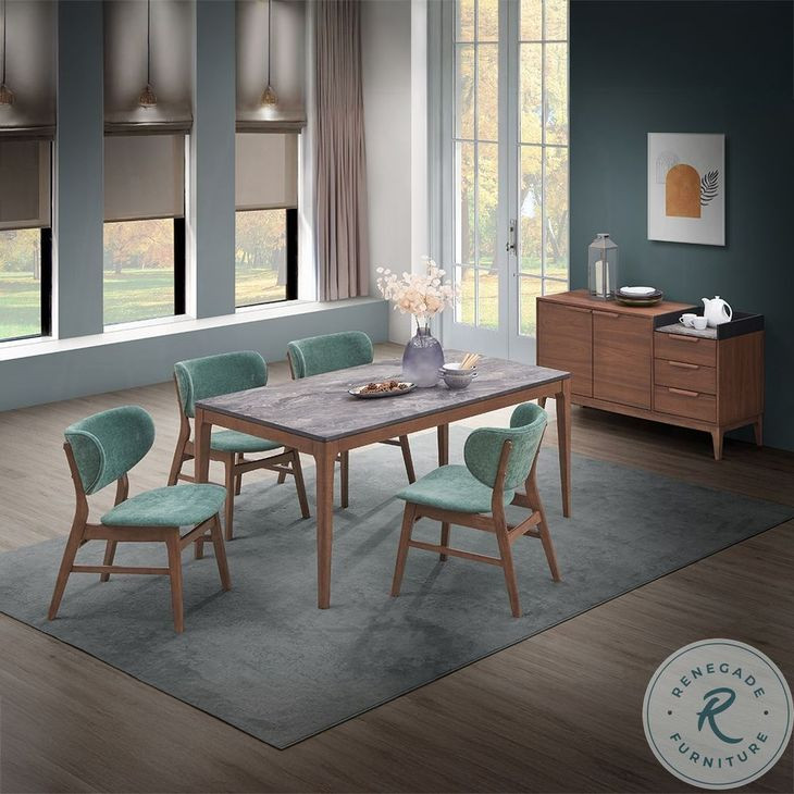 Bevis Green Fabric and Walnut Side Chair Set of 2