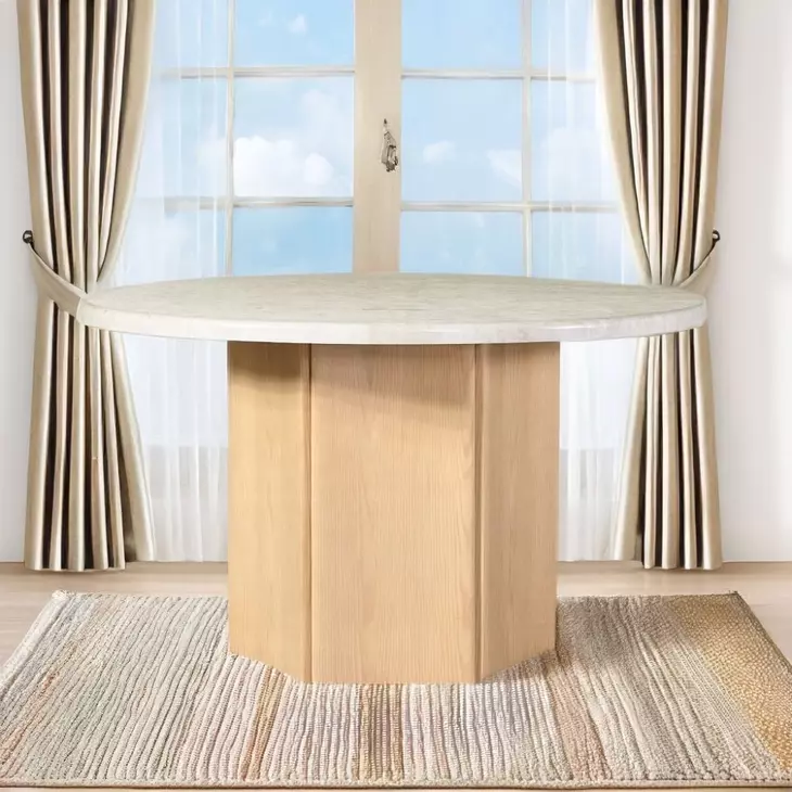 Qwin White and Weathered Oak 52" Round Marble Top Dining Table