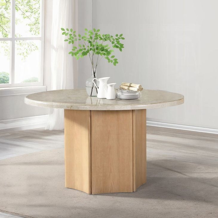 Qwin White and Weathered Oak 52" Round Marble Top Dining Table