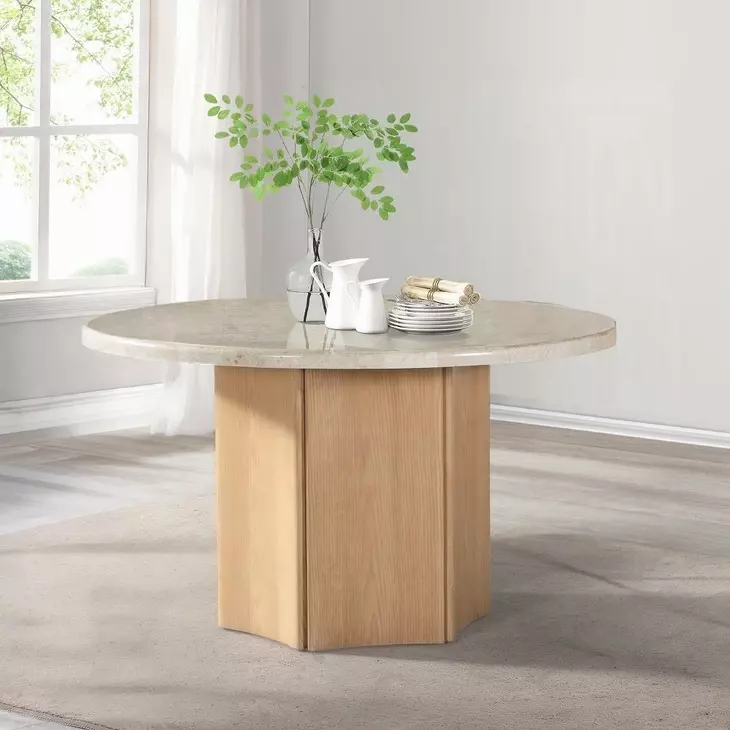 Qwin White and Weathered Oak 52" Round Marble Top Dining Table