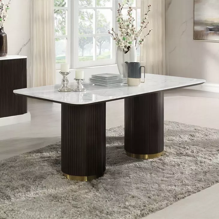 Clayten White and Espresso 71" Rectangular Marble Top Dining Room Set