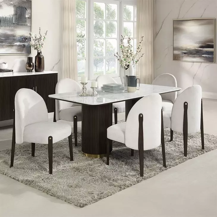 Clayten White and Espresso 71" Rectangular Marble Top Dining Room Set