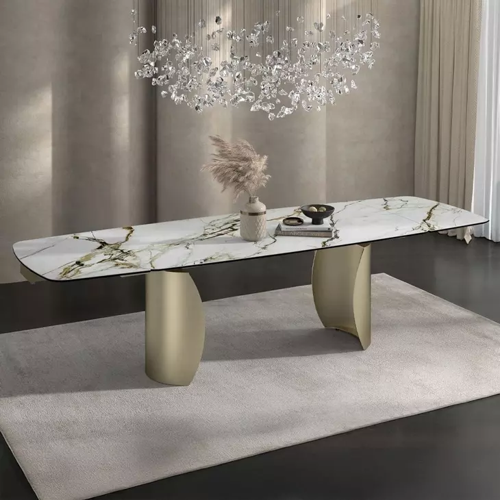 Cora White and Golden Champagne 119" Extendable Rectangular Dining Table