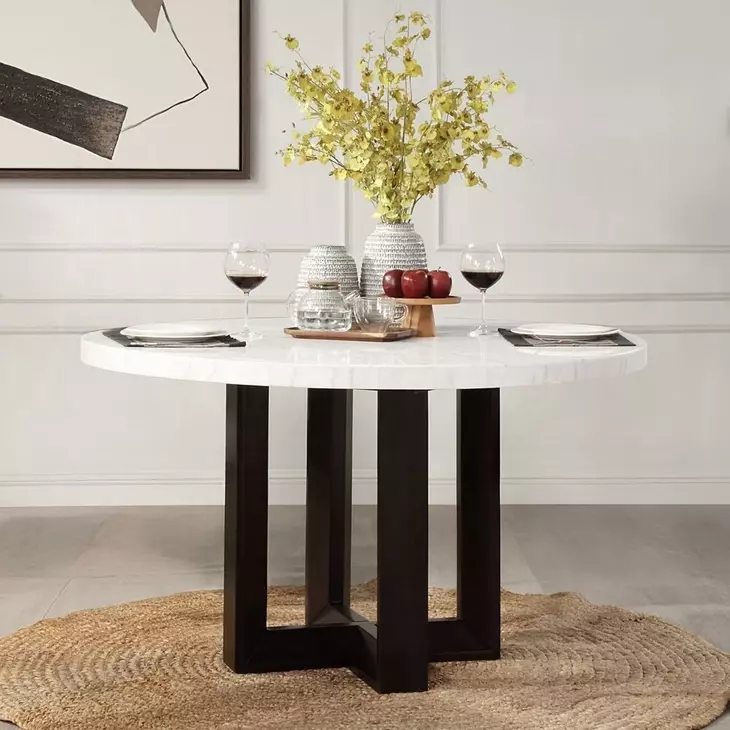 Edwyn White and Espresso Round Marble Top Dining Room Set