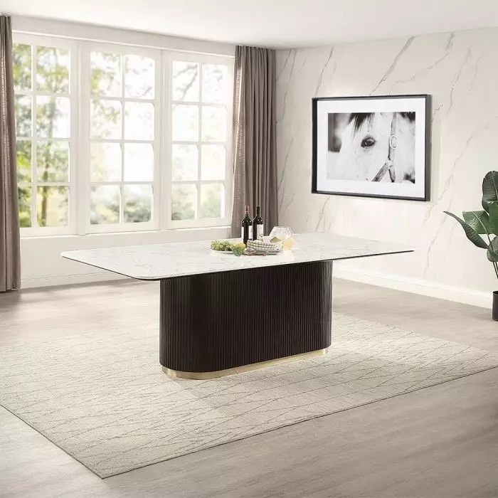 Clayten White and Espresso 95" Rectangular Marble Top Dining Room Set