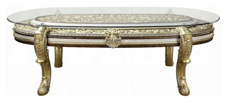 Desiderius Antique Gold and Hand Painted Brown 107" Oval Glass Top Dining Table