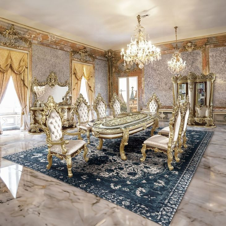 Desiderius Antique Gold and Hand Painted Brown 107" Oval Glass Top Dining Table