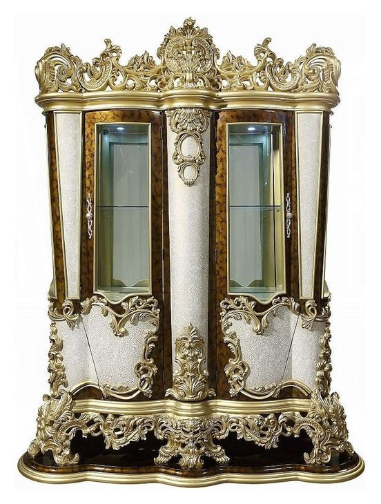 Desiderius Antique Gold and Hand Paint Brown 2 Door Curio Cabinet with LED