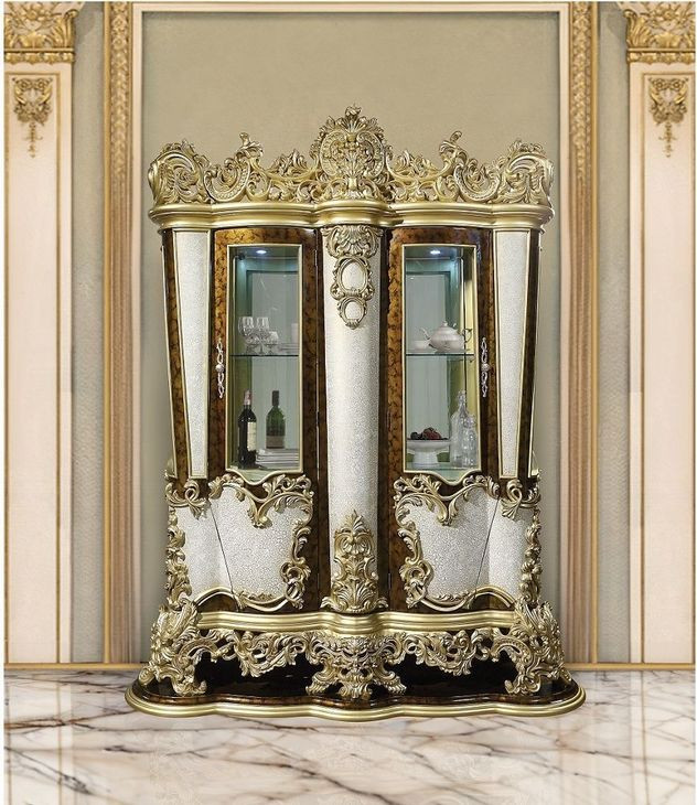 Desiderius Antique Gold and Hand Paint Brown 2 Door Curio Cabinet with LED