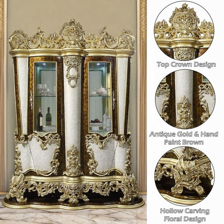 Desiderius Antique Gold and Hand Paint Brown 2 Door Curio Cabinet with LED