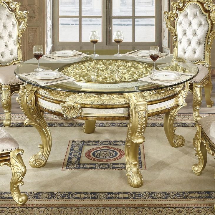 Desiderius Antique Gold and Hand Paint Brown 62" Round Glass Top Dining Table