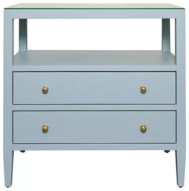 Cynthia Blue Rectangular 2 Drawer Glass Top Side Table