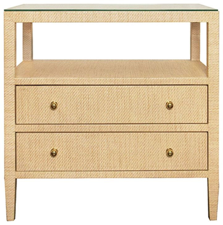 Cynthia Natural Grasscloth Rectangular 2 Drawer Glass Top Side Table