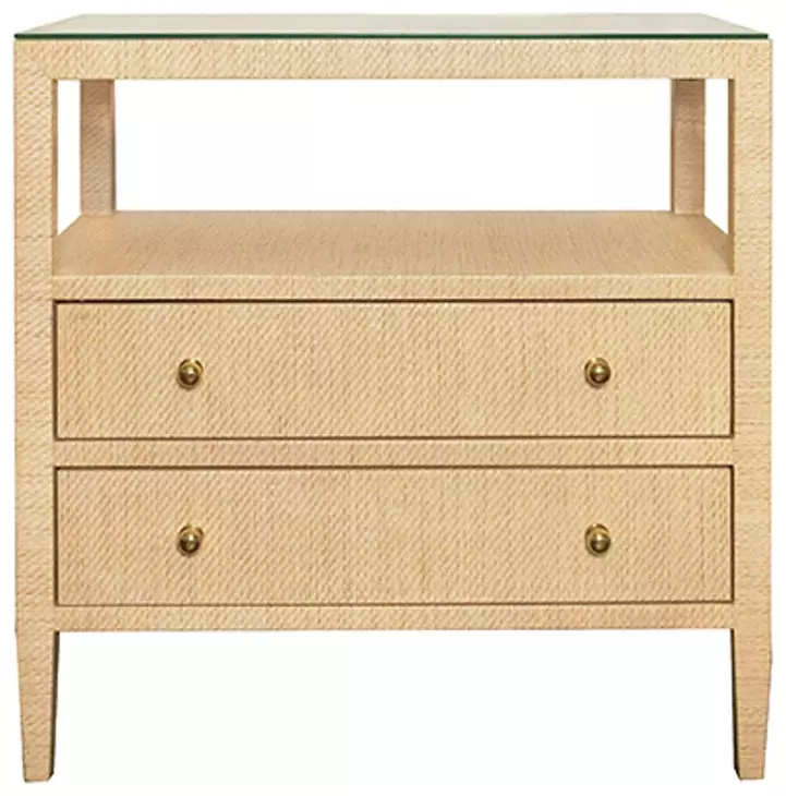 Cynthia Natural Grasscloth Rectangular 2 Drawer Glass Top Side Table