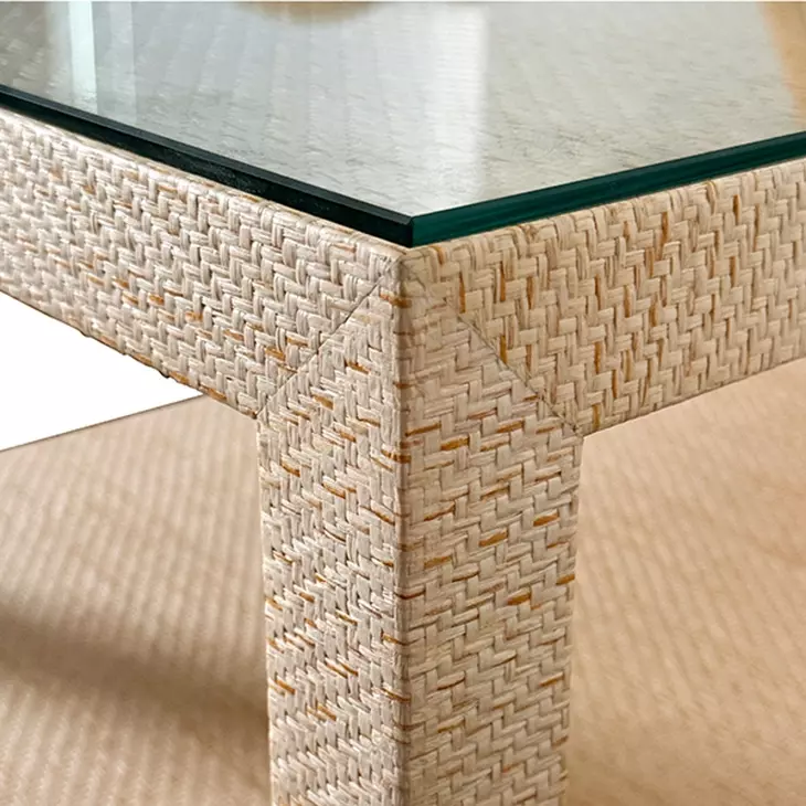 Cynthia Natural Grasscloth Rectangular 2 Drawer Glass Top Side Table