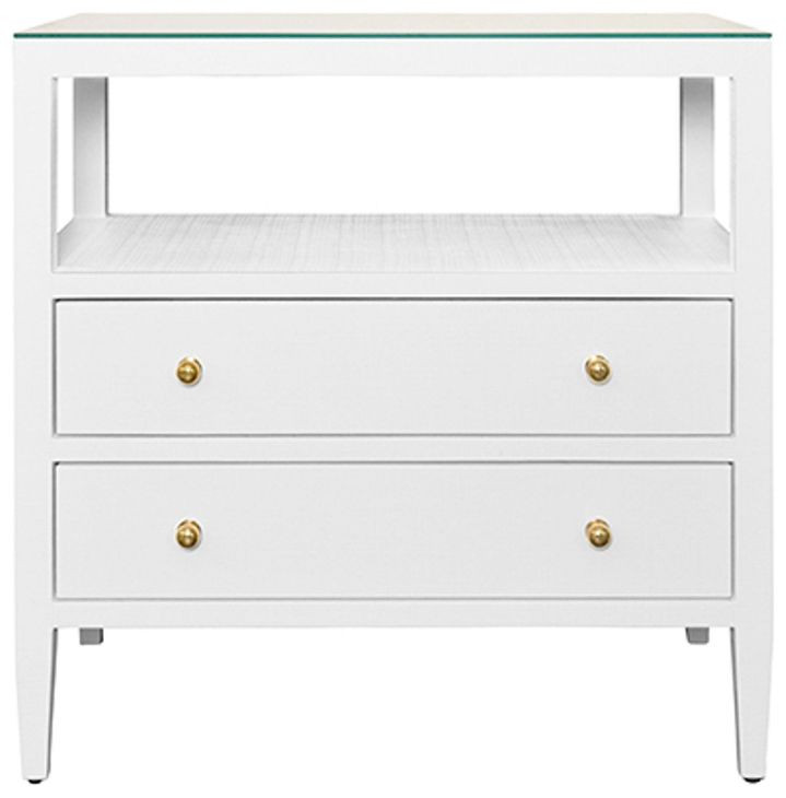 Cynthia Textured White Rectangular 2 Drawer Glass Top Side Table