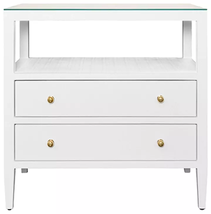 Cynthia Textured White Rectangular 2 Drawer Glass Top Side Table