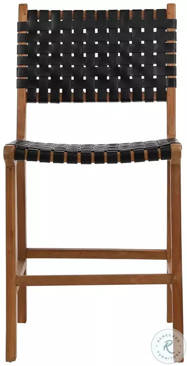 Dal Antique Black Leather And Natural Wood Counter Height Stool