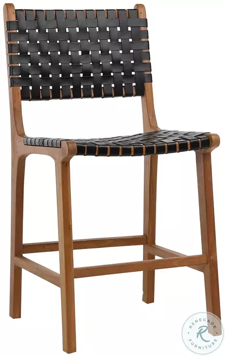 Dal Antique Black Leather And Natural Wood Counter Height Stool