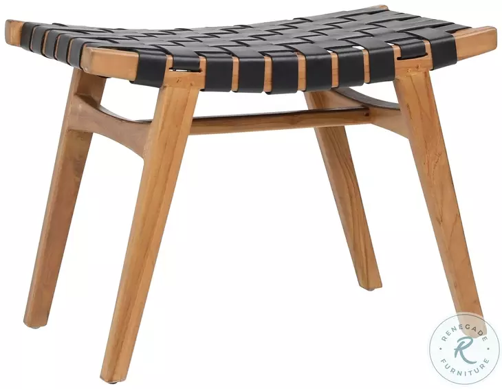 Camil Antique Black Leather And Natural Wood Stool