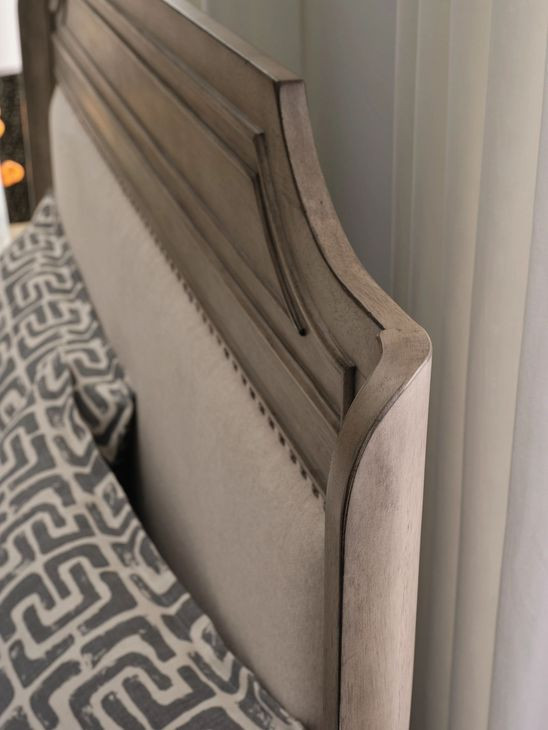 Engels Brown and Beige Upholstered Queen Panel Bed with Nailhead Trim