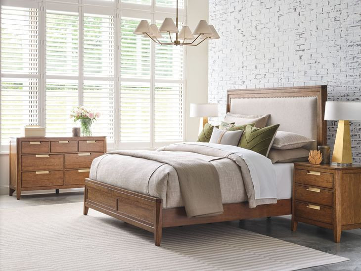 Affinity Cherry California King Upholstered Panel Bed with Nailhead Trim