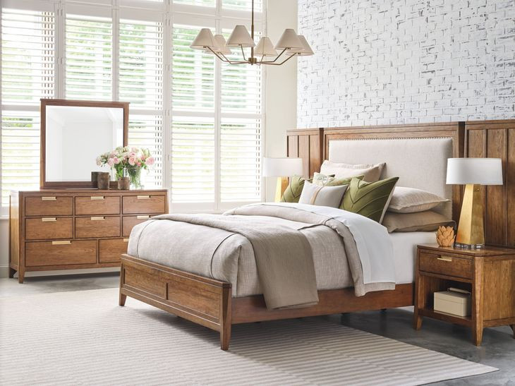 Affinity Cherry California King Upholstered Panel Bed with Nailhead Trim