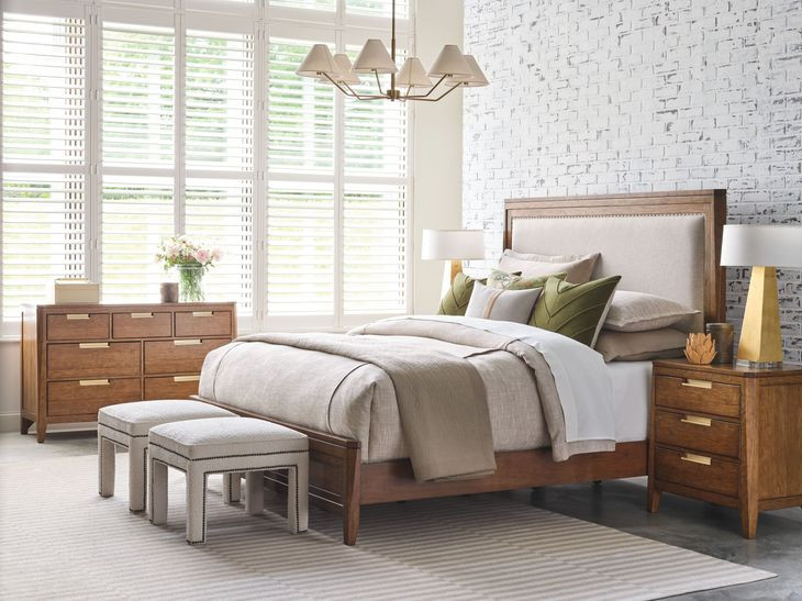 Affinity Cherry King Upholstered Panel Bed with Nailhead Trim