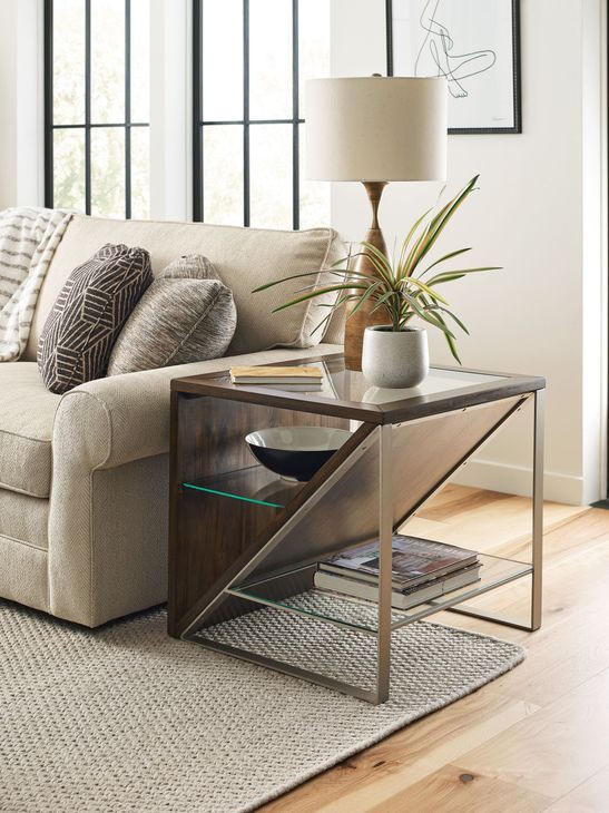 Editor Dark Stain Glass Top End Table