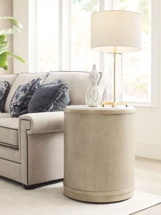 Hidden Treasures Light Stain Round Quartz Top End Table