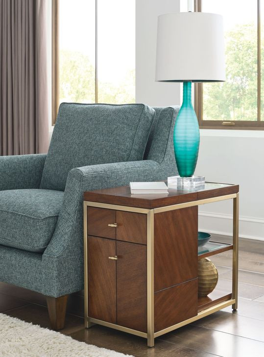 Jenkins Medium Stain and Gold Rectangular Glass Top Chairside Table