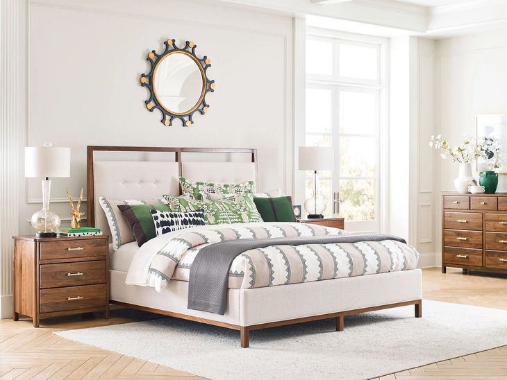 Monogram Walnut Pinehurst Medium Stain California King Upholstered Panel Bed