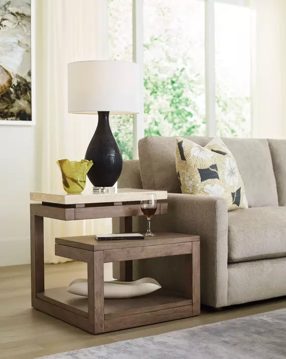 Nash Light Stain Square Travertine Top End Table