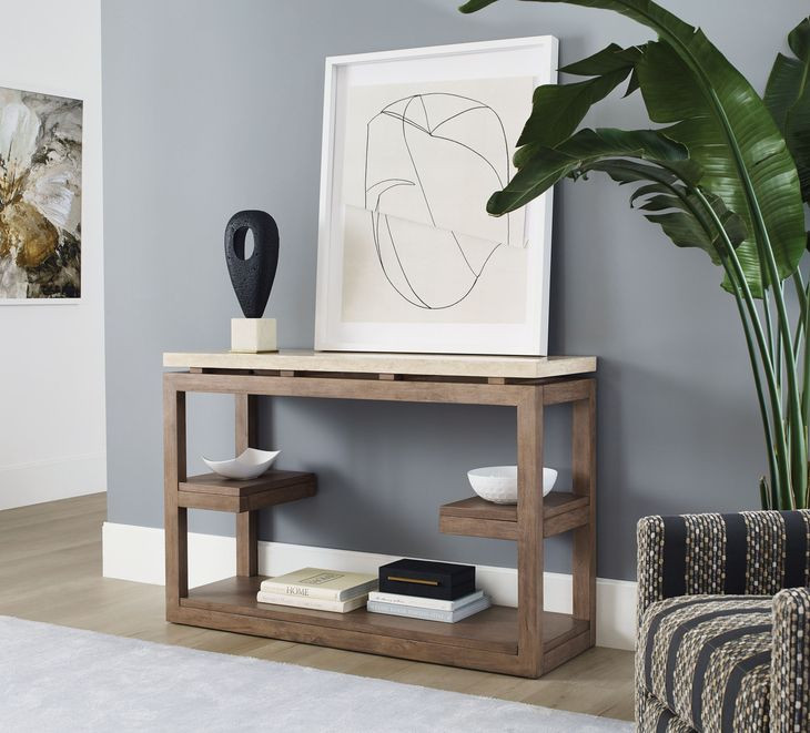 Nash Light Stain Rectangular Travertine Top Sofa Table and Console