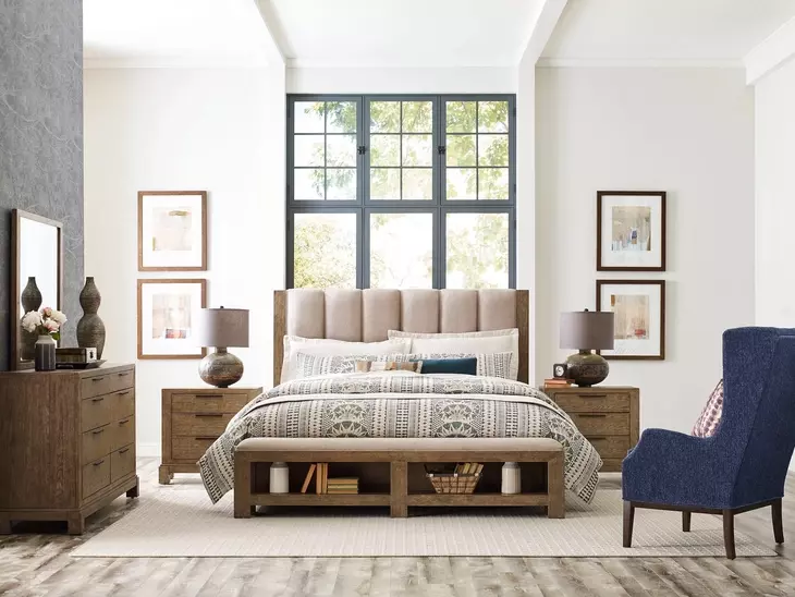 Meadowood Brown and Beige Upholstered California King Panel Bed