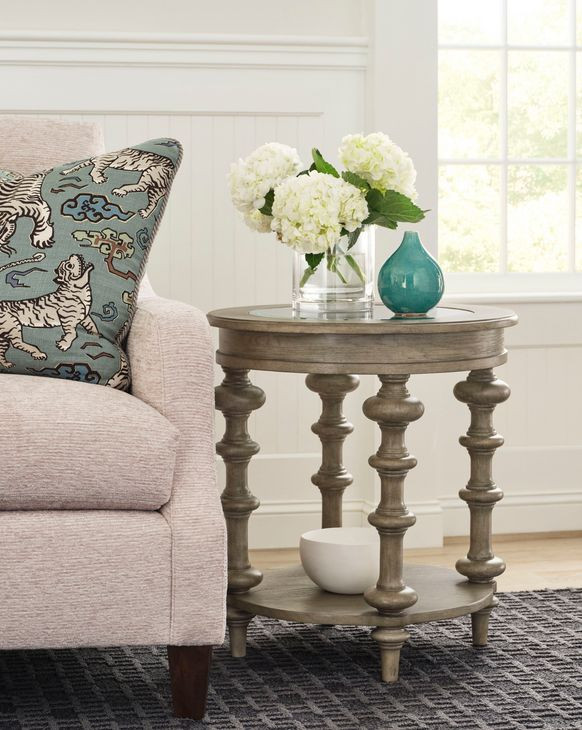 Tigbee-Hamilton Beige Round Glass Top End Table