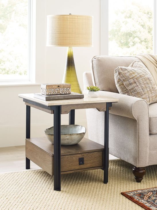 Topaz-Hamilton Topaz Beige and Black Square Travertine Top End Table