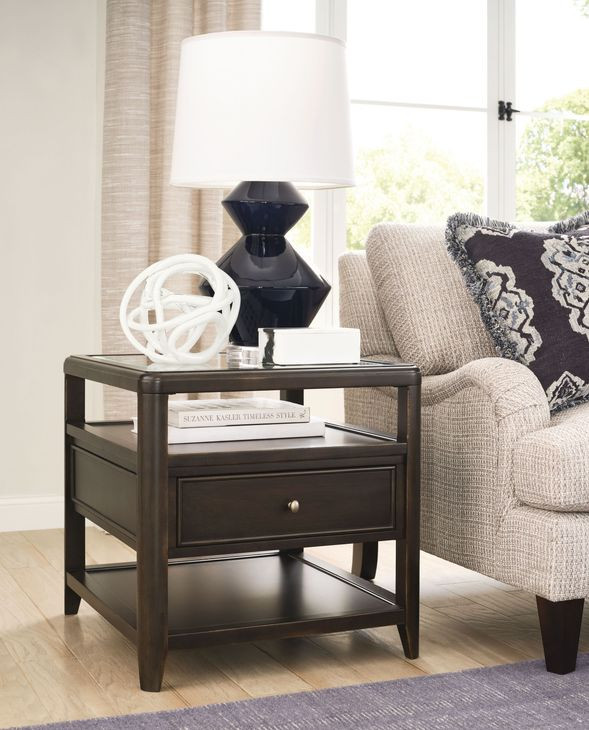 Whitaker Distressed Dark Stain Rectangular Glass Top Drawer End Table