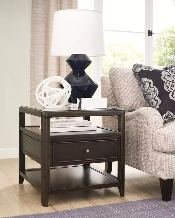Whitaker Distressed Dark Stain Rectangular Glass Top Drawer End Table