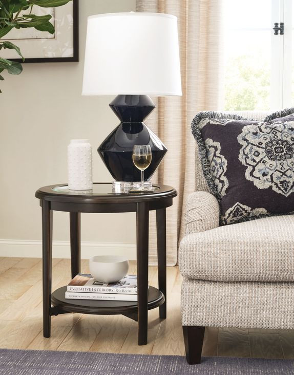 Whitaker Distressed Dark Stain Round Glass Top End Table