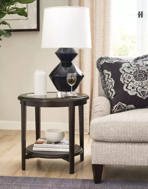 Whitaker Distressed Dark Stain Round Glass Top End Table