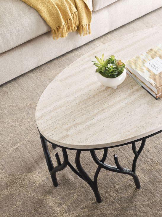 Willow Beige and Black Round Travertine Top Cocktail Table