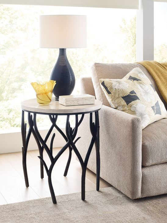 Willow Beige and Black Round Travertine Top End Table