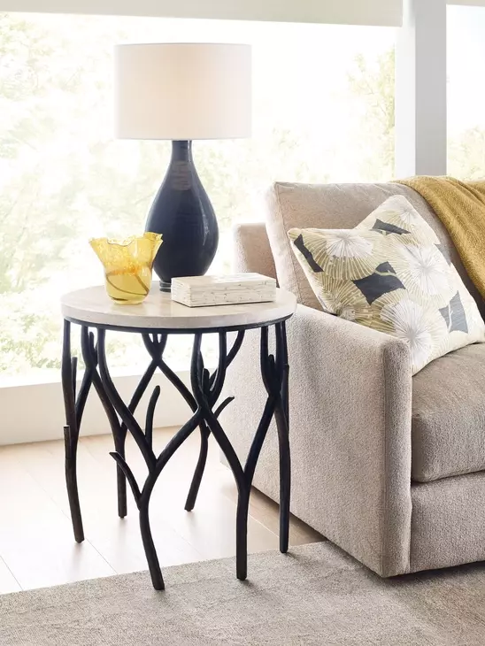 Willow Beige and Black Round Travertine Top End Table