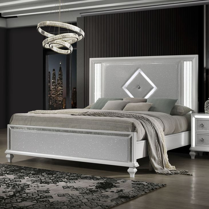 Stardust White California King Upholstered Panel Bed with LED