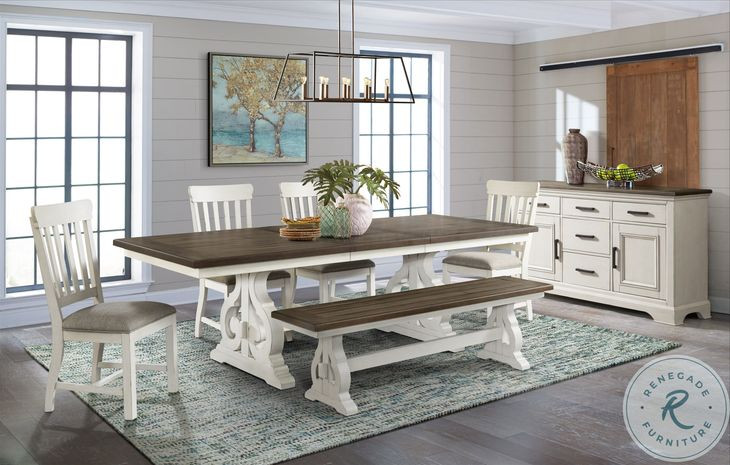 Drake Rustic White and French Oak Trestle Extendable Dining Table